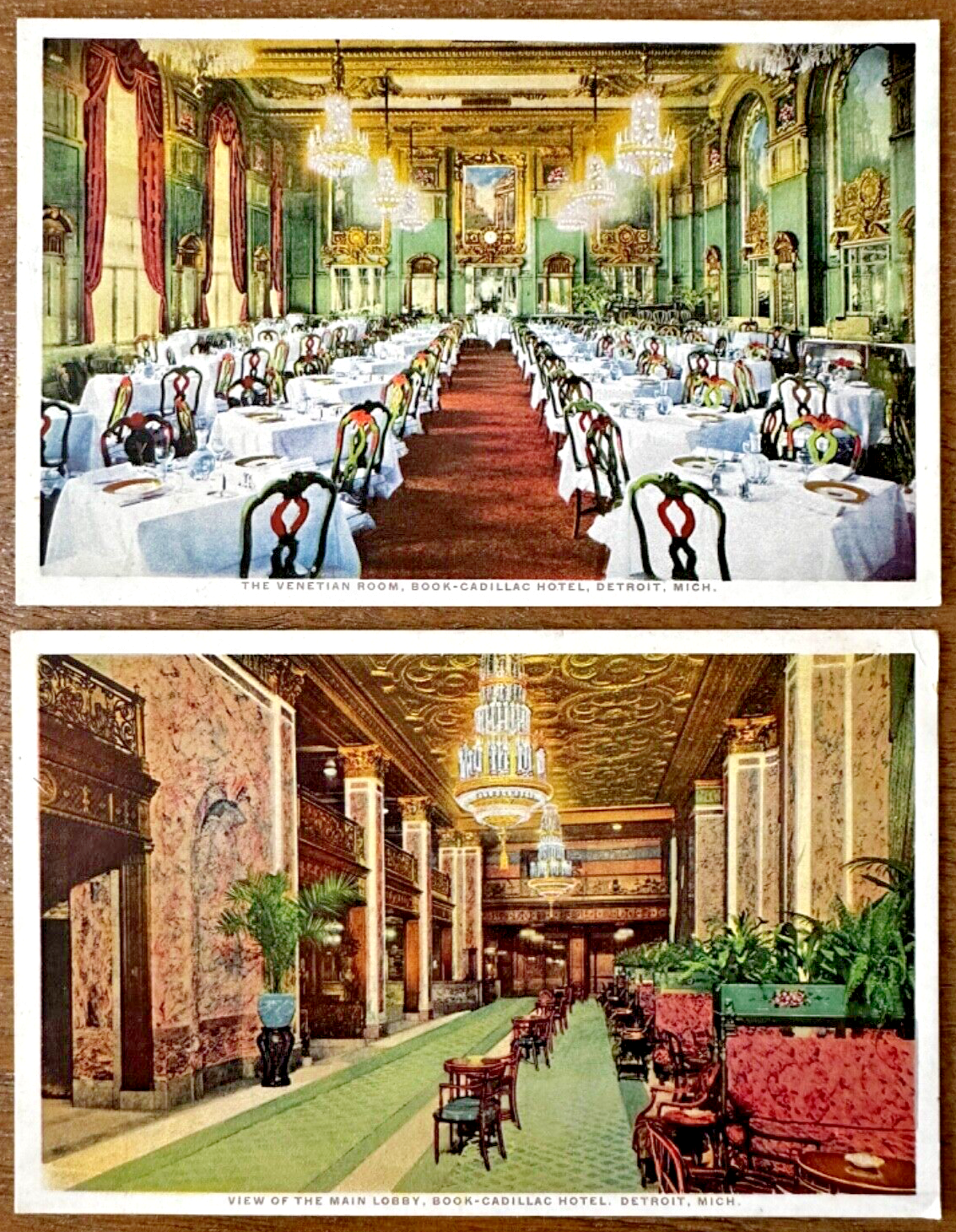 Two Postcard Lobby, Venetian Room Book-Cadillac Hotel in Detroit, Michigan