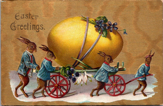 Easter Postcard Dressed Rabbits with Giant Yellow Egg on Cart Purple Flowers