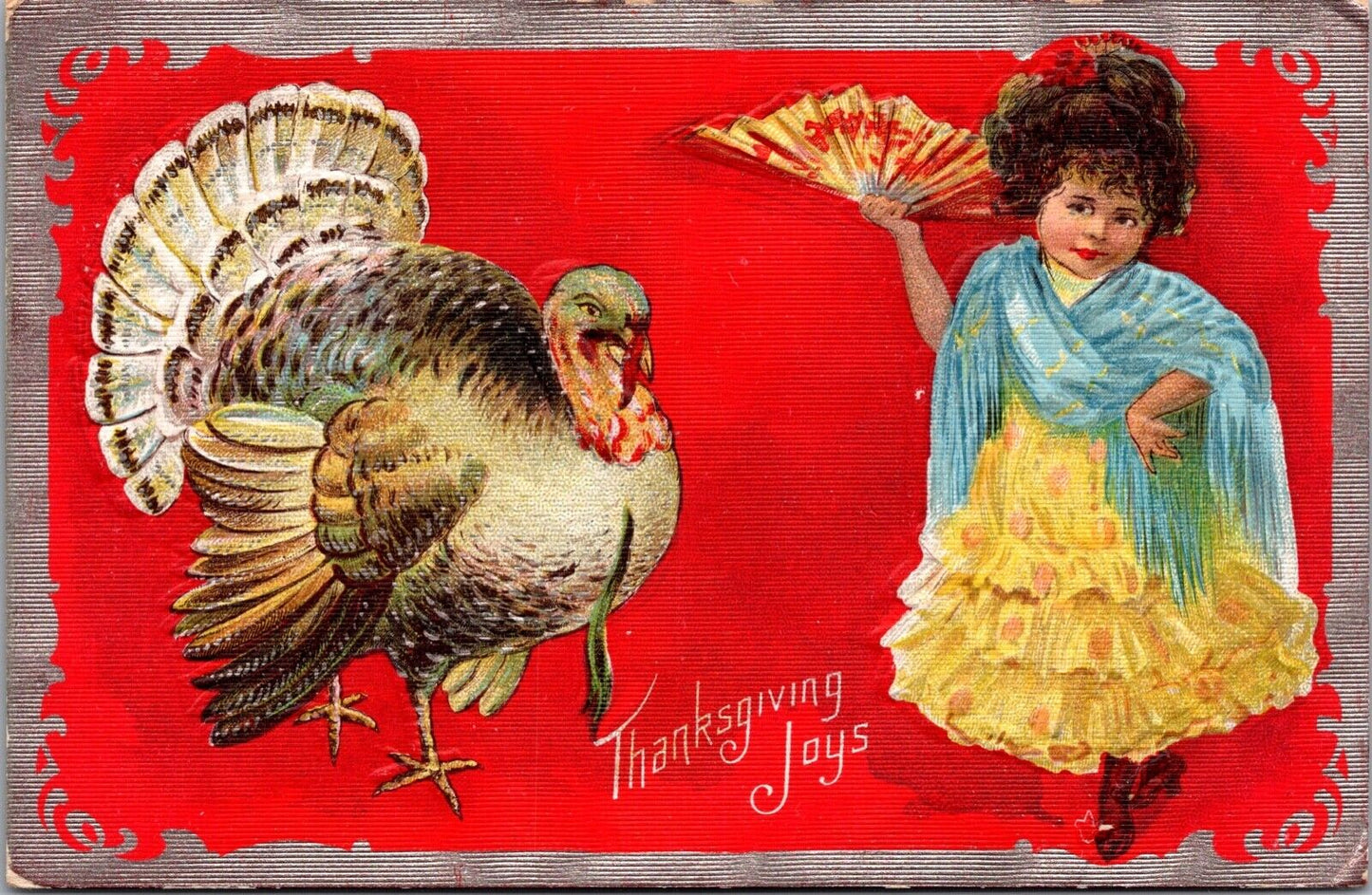 Two Thanksgiving Postcards Girls with Turkeys~2445