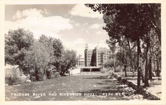 Real Photo Postcard Truckee River and Riverside Hotel in Reno, Nevada~124444