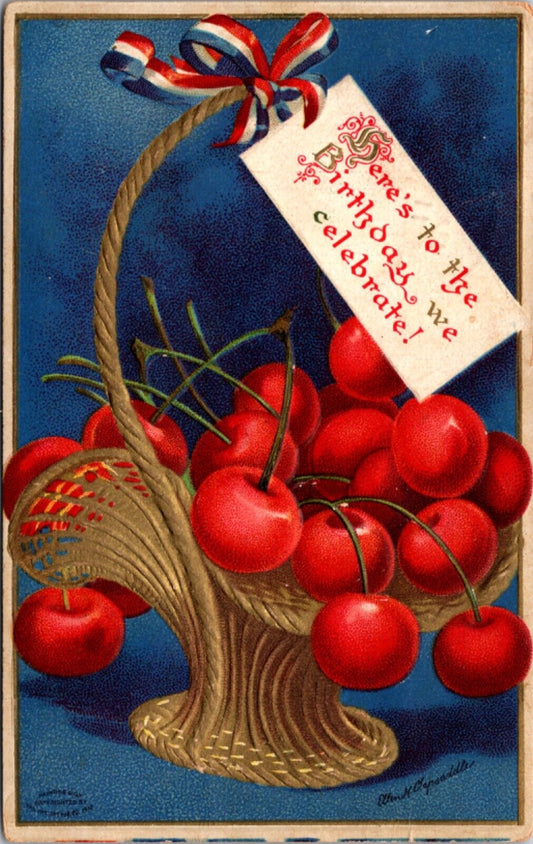 Clapsaddle Postcard President Washington Birthday Gold Basket of Cherries