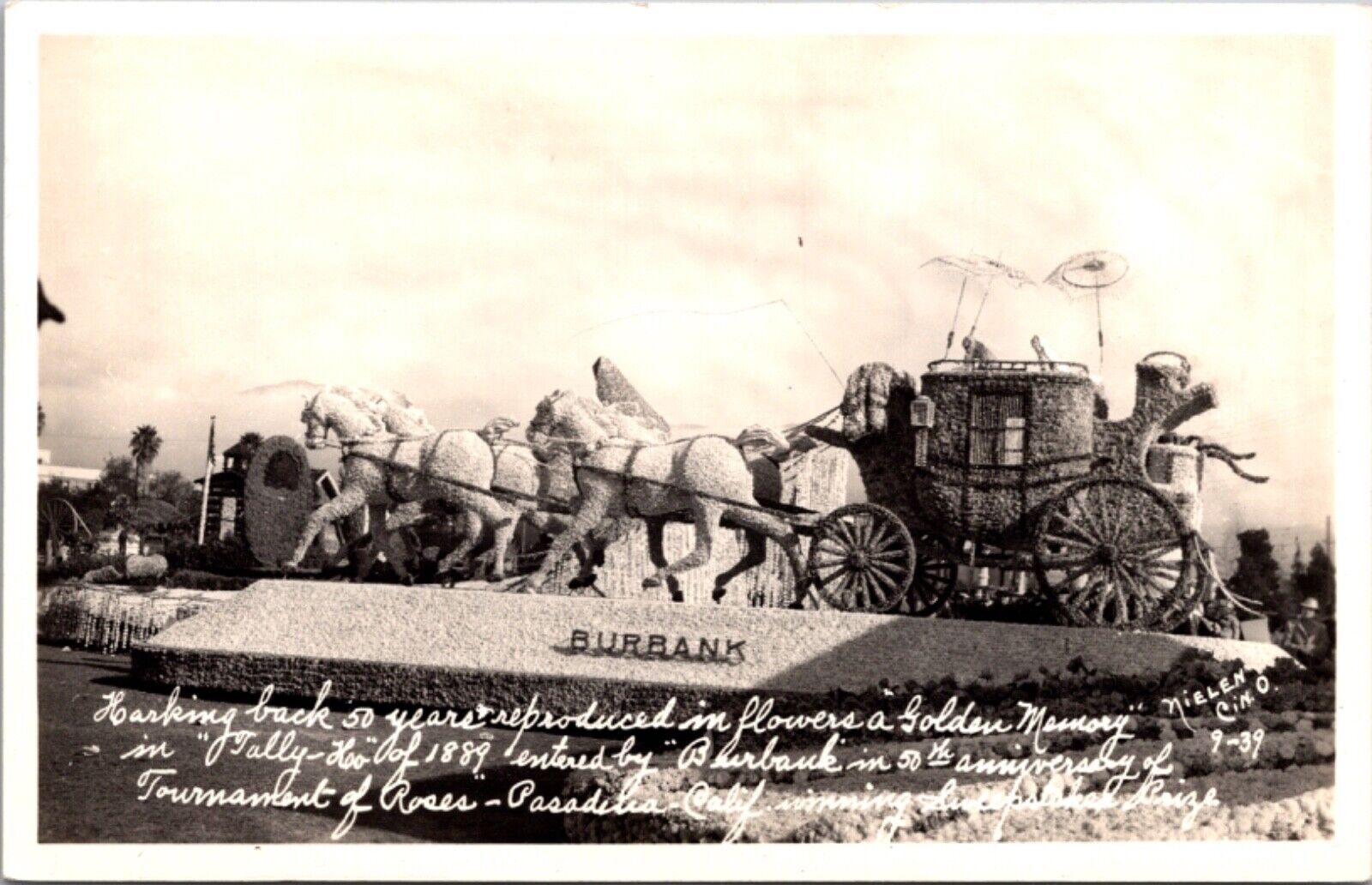 1939 RPPC Burbank Tally-Ho Parade Float Pasadena Tournament of Roses California