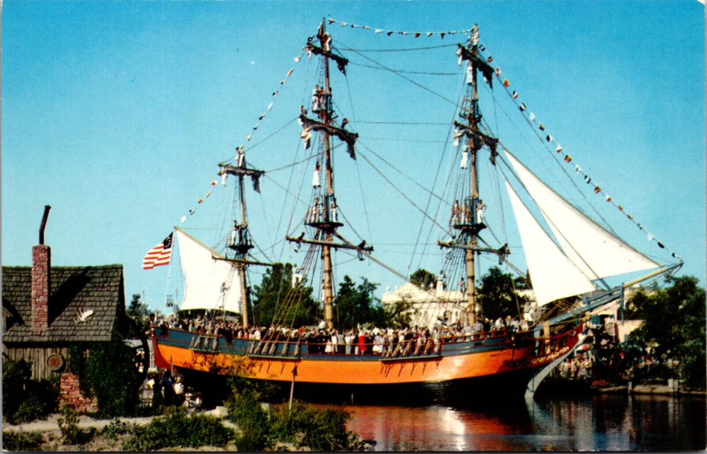 Disneyland Postcard Crewmen Scramble Aloft 3-Masted Sailing Vessel Columbia