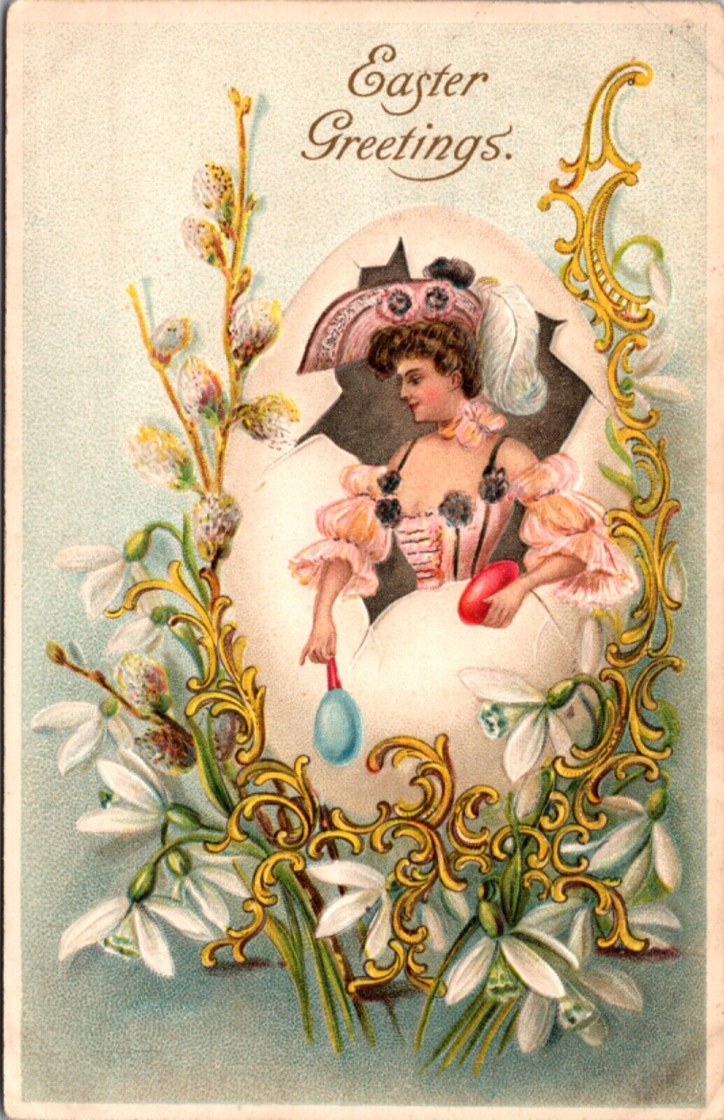 Easter Postcard Victorian Woman Breaking Through Eggshell Flowers Colored Eggs