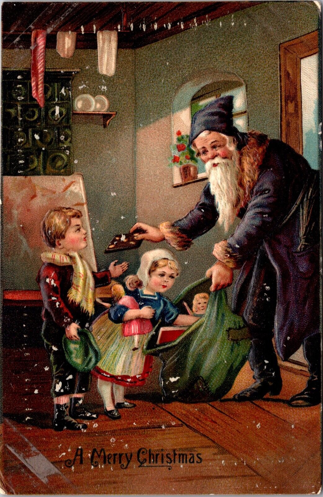 Christmas Postcard Purple Suited Santa Claus Handing Out Presents to Children