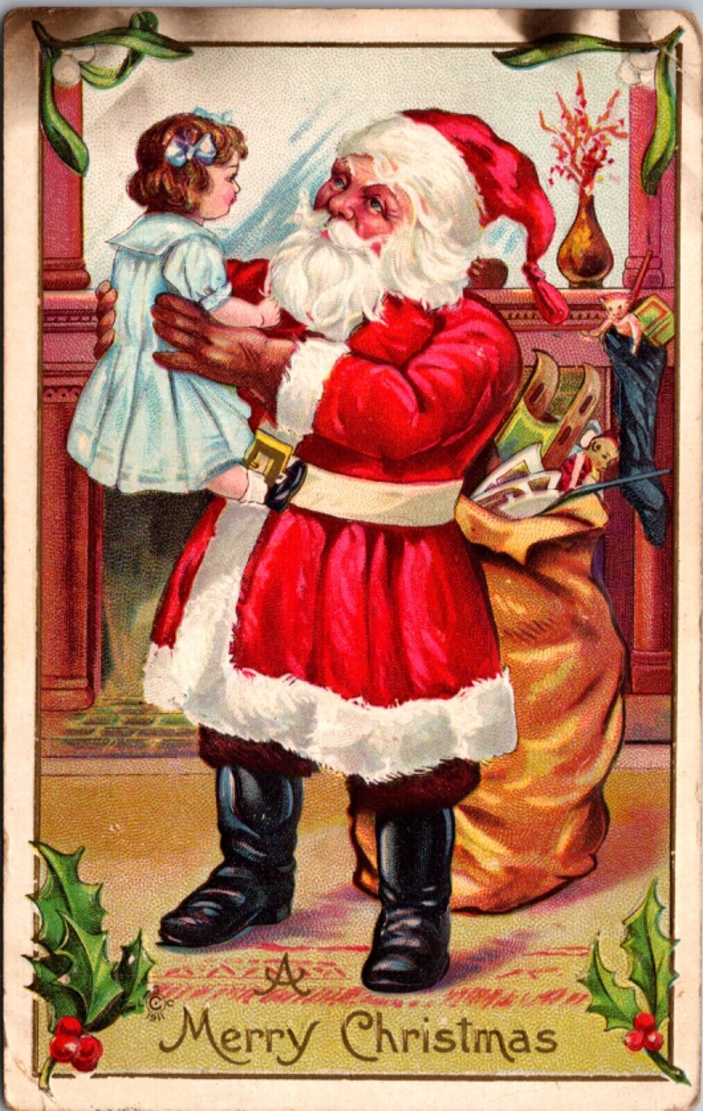 Christmas Postcard Santa Claus Holding Up Large Doll Toy or Child Stocking