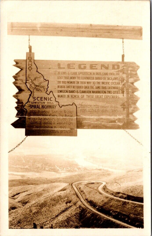 Real Photo Postcard Wooden Sign Idaho Scenic Lewiston Hill Spiral Highway Legend