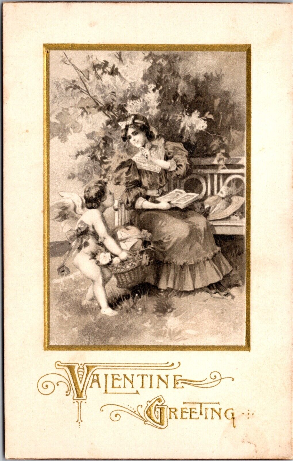 Valentine Postcard Cherub Cupid Delivering Basket to Woman in Garden