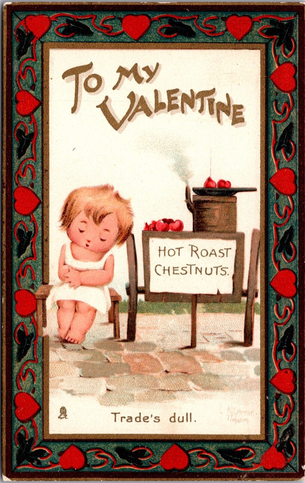 Valentine Postcard Child Selling Heart Shaped Hot Roast Chestnuts Trades Dull