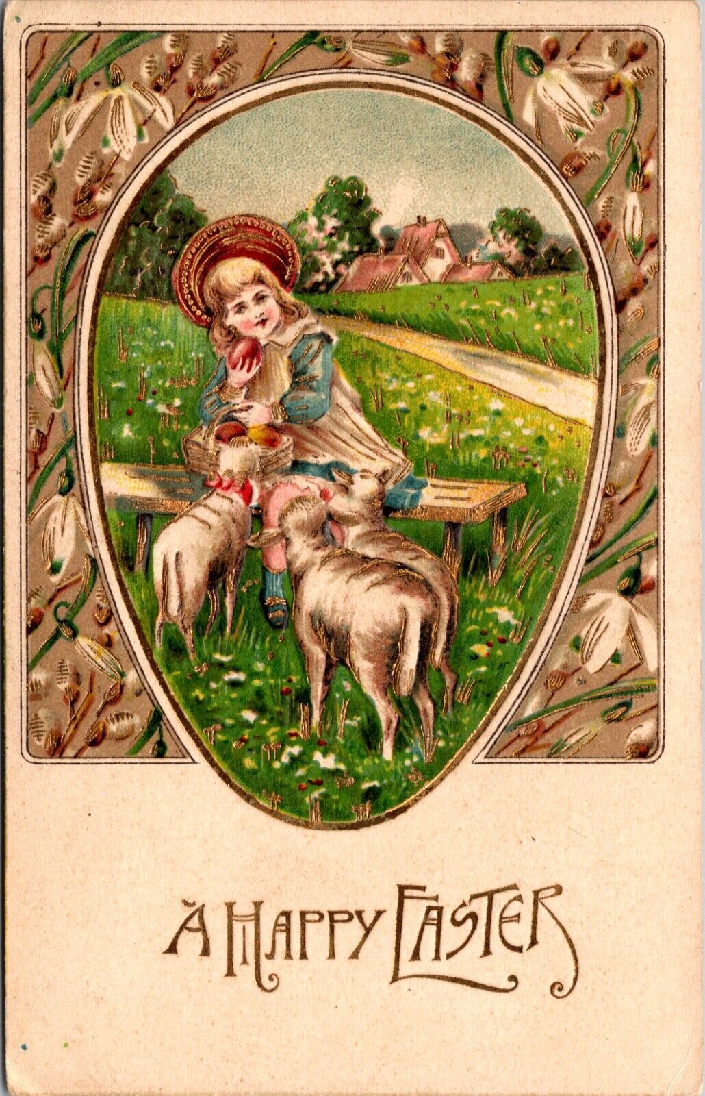 Easter Postcard Child with Colored Eggs and Sheep or Lambs