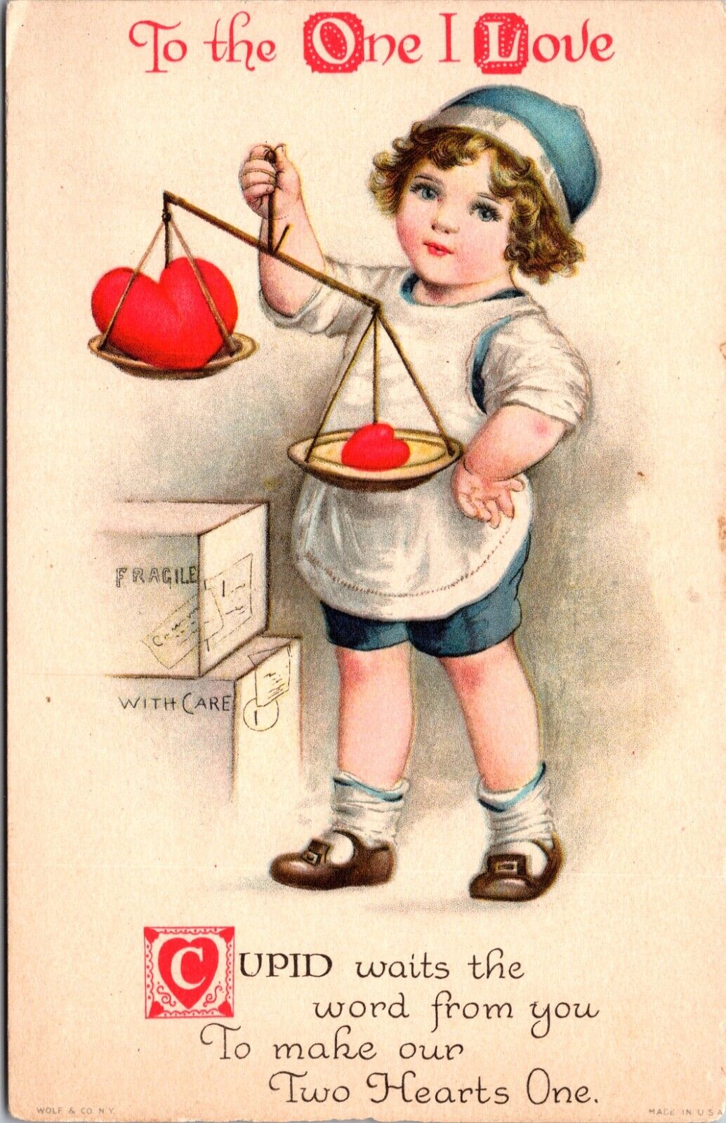 Valentine Postcard Child Weighing Heart Sizes on Scale