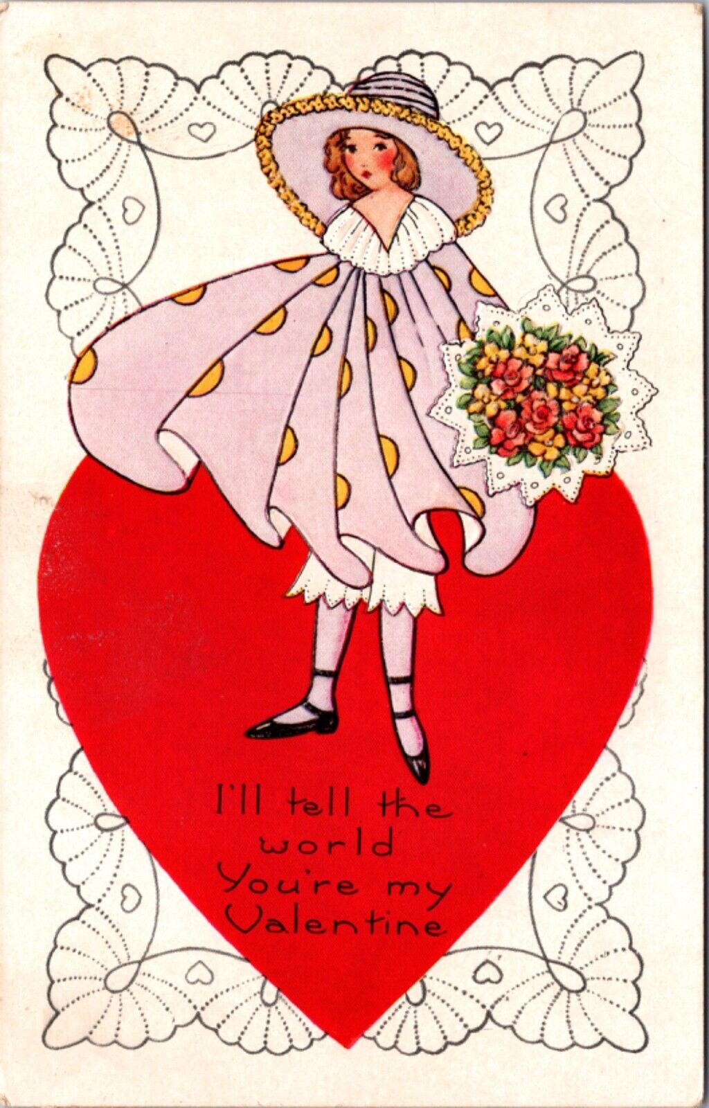 Valentine Postcard Art Deco Young Girl Wearing Dress Bouquet of Flowers