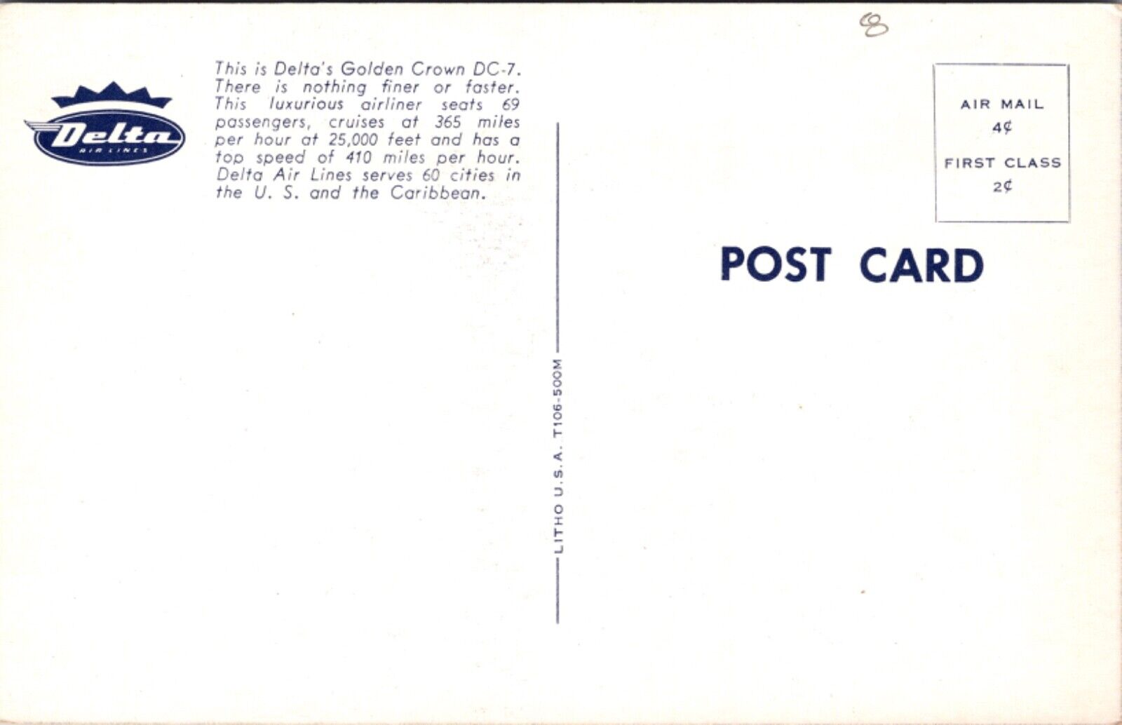 Advertising Postcard Delta Airlines Golden Crown DC-7