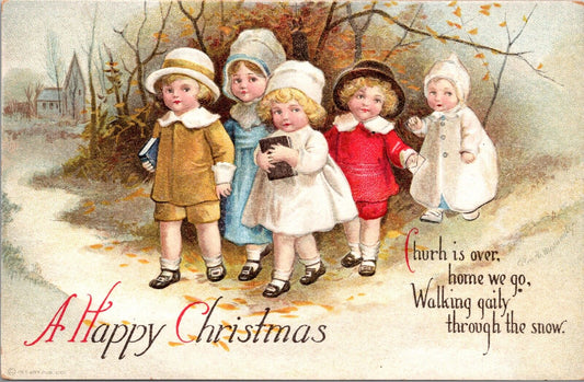 Clapsaddle Happy Christmas Postcard Children Walking From Church to Home Bibles