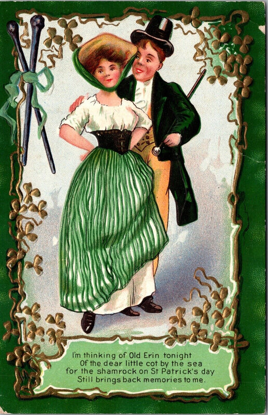 St. Patrick's Day Postcard Man and Woman Old Erin Gold Shamrock Memories