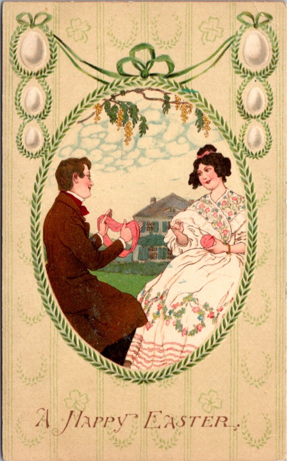 Easter Postcard Victorian Couple Outside a Stately Home Eggs Clovers