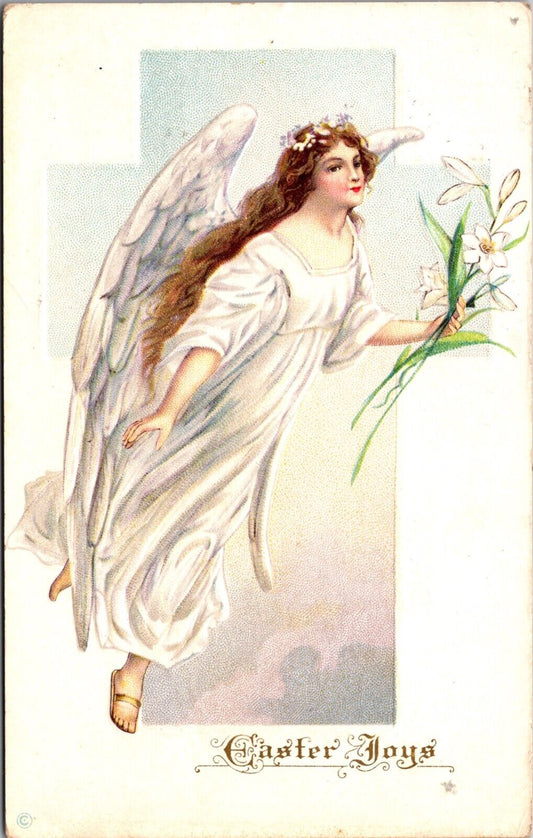 Two Embossed Easter Postcards Angels Flying with Lily Flowers