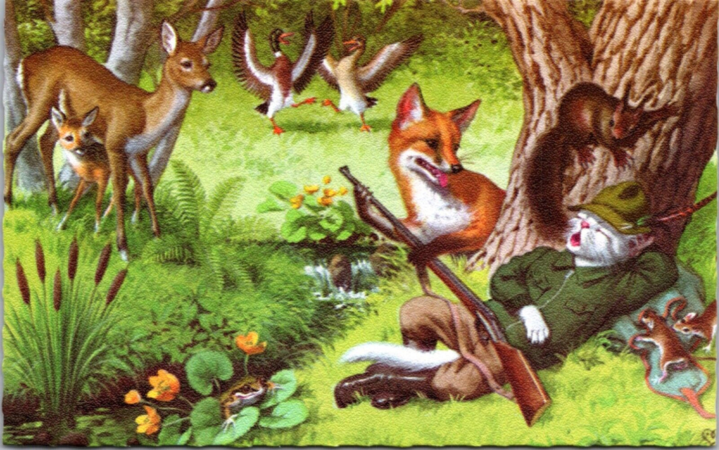 Alfred Mainzer Postcard Dressed Cat Hunter Fell Asleep Forest Animals Take Rifle