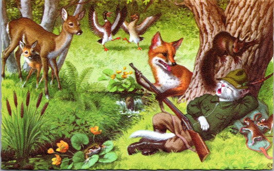 Alfred Mainzer Postcard Dressed Cat Hunter Fell Asleep Forest Animals Take Rifle