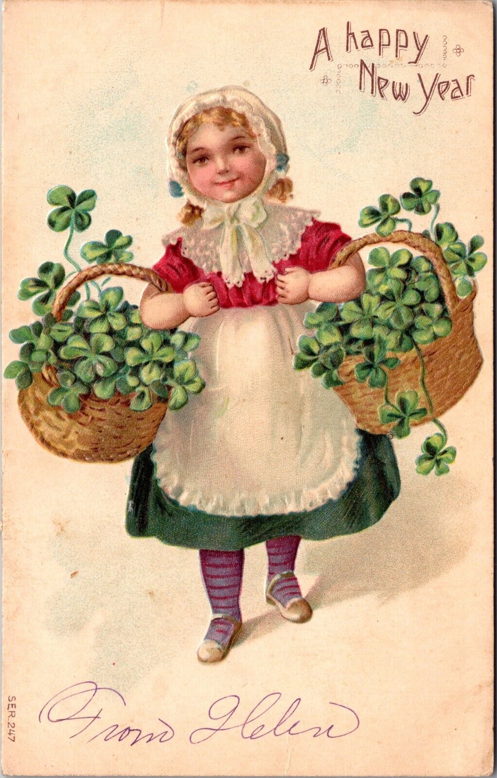 A Happy New Year Postcard Girl Carrying Two Baskets of Four Leaf Clovers