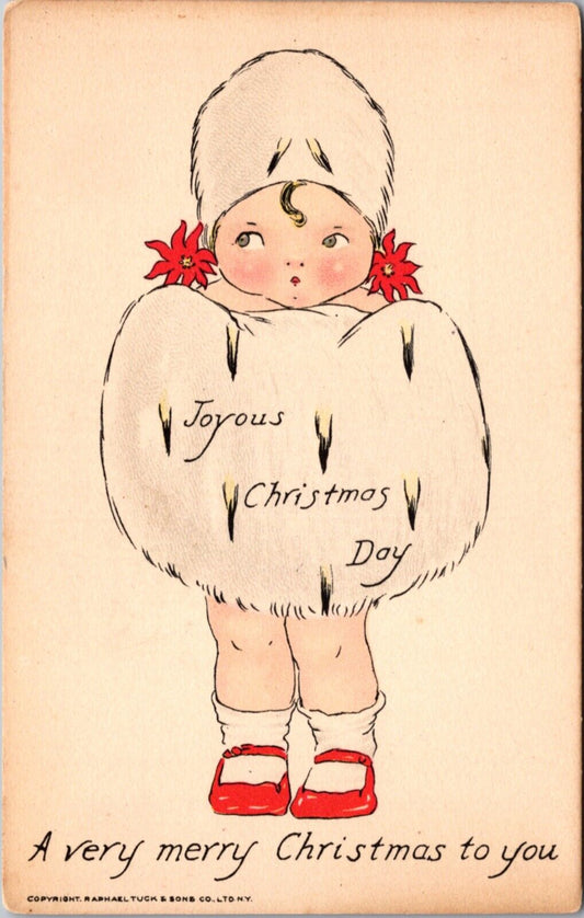 Christmas PC Little Girl Covered Up By Fur Muff, Fur Hat, Poinsettia Earrings