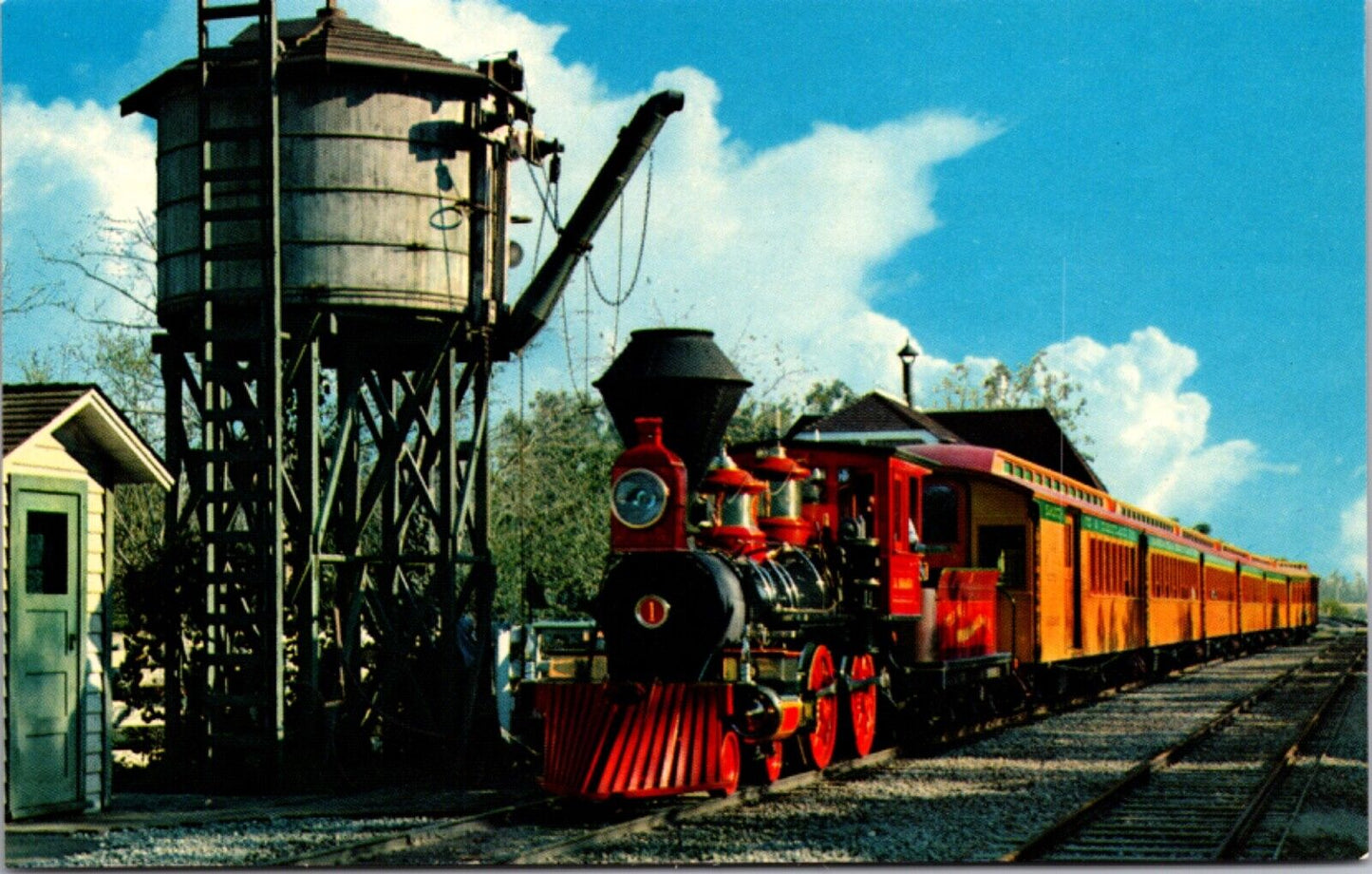 Disneyland Postcard Santa Fe Passenger Train at Frontierland Water Tower