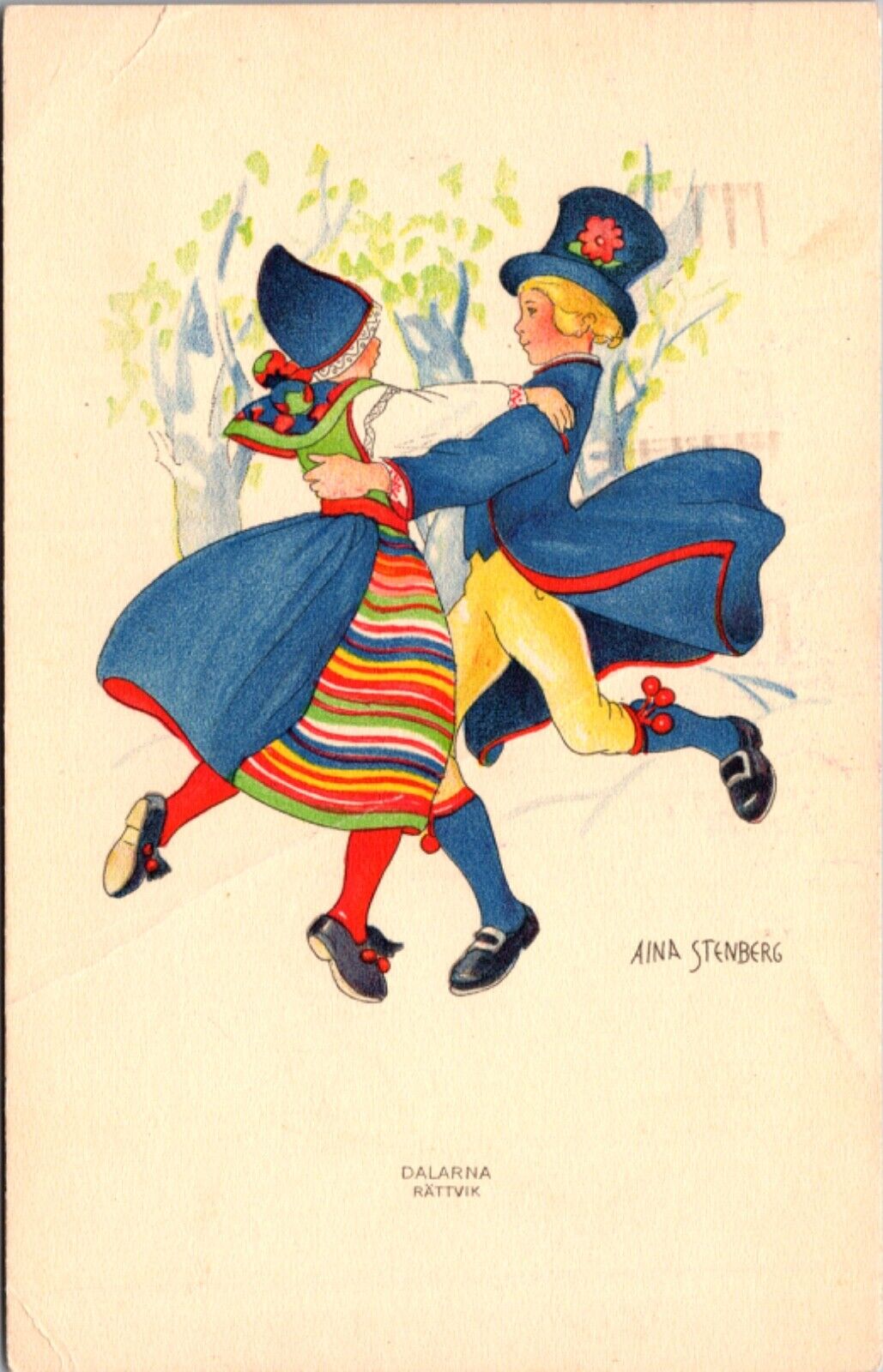 Aina Stenberg artwork Postcard Boy and Girl Dancing Dalarna Rattvik