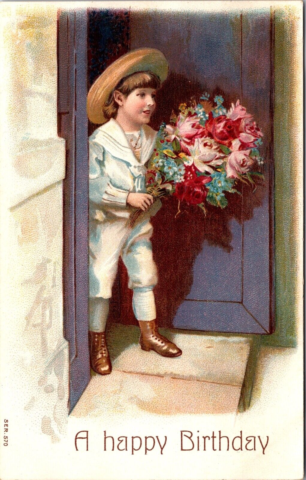 Birthday Postcard Boy Holding a Big Beautiful Bouquet of Flowers~2696