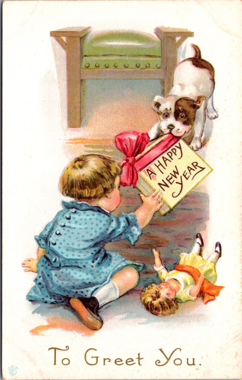 A Happy New Year To Greet You Postcard Dog Tugging Box From Child Doll