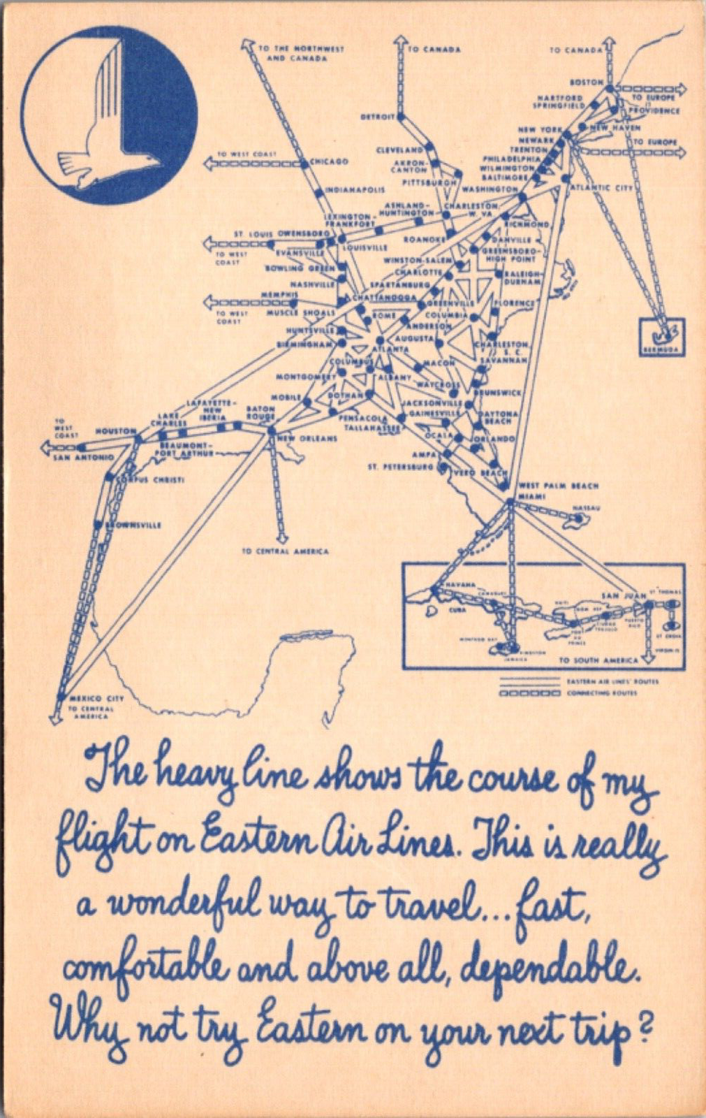 Advertising PC In Flight Route Map of the Great Silver Fleet Eastern Air Lines