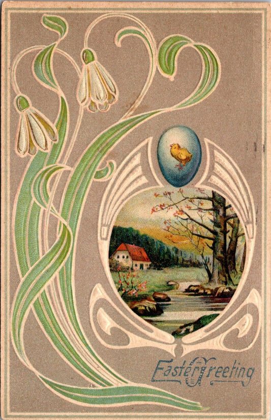 Easter Postcard Art Deco Design Countryside Creek Blue Eggshell Chick