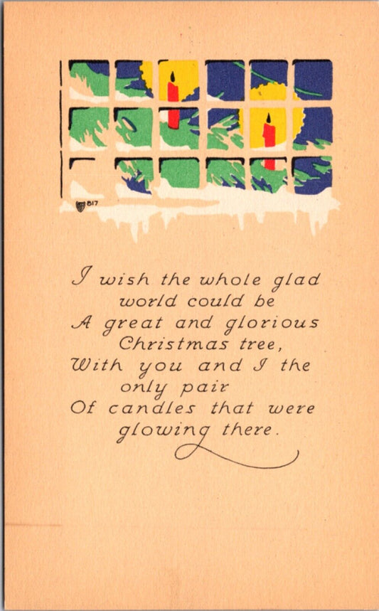 1915 Volland Christmas Postcard Window View Candlelit Tree, Poem