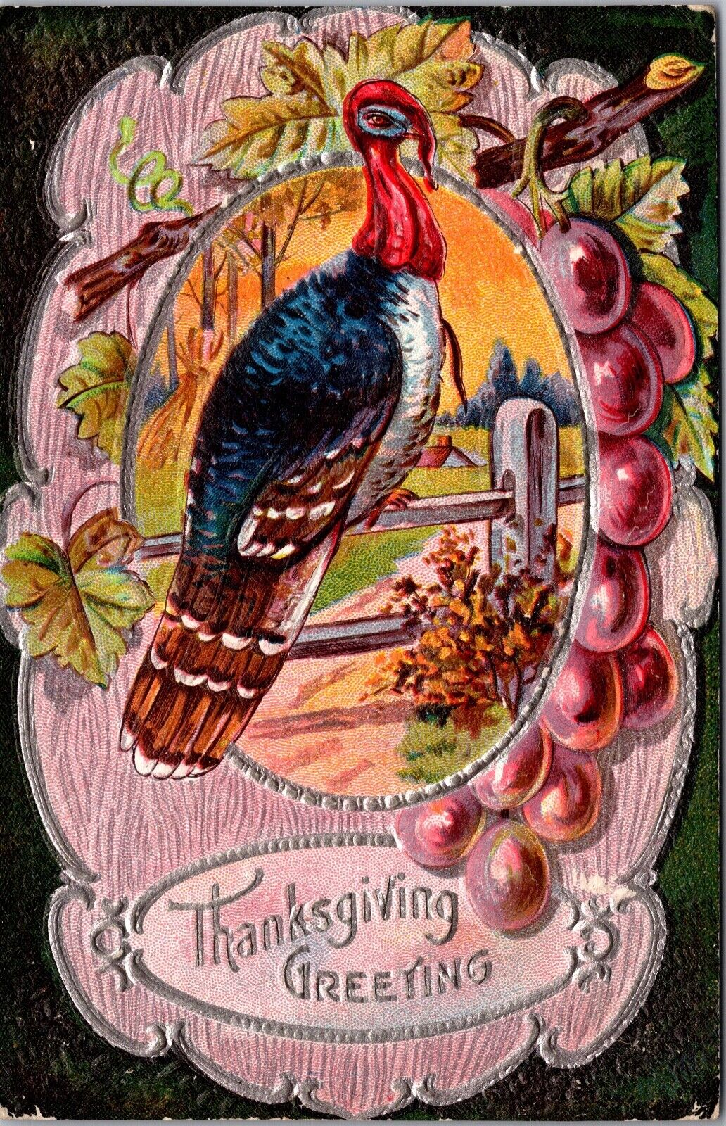 Thanksgiving Postcard Portrait of a Turkey Sitting on a Fence, Grape Vine