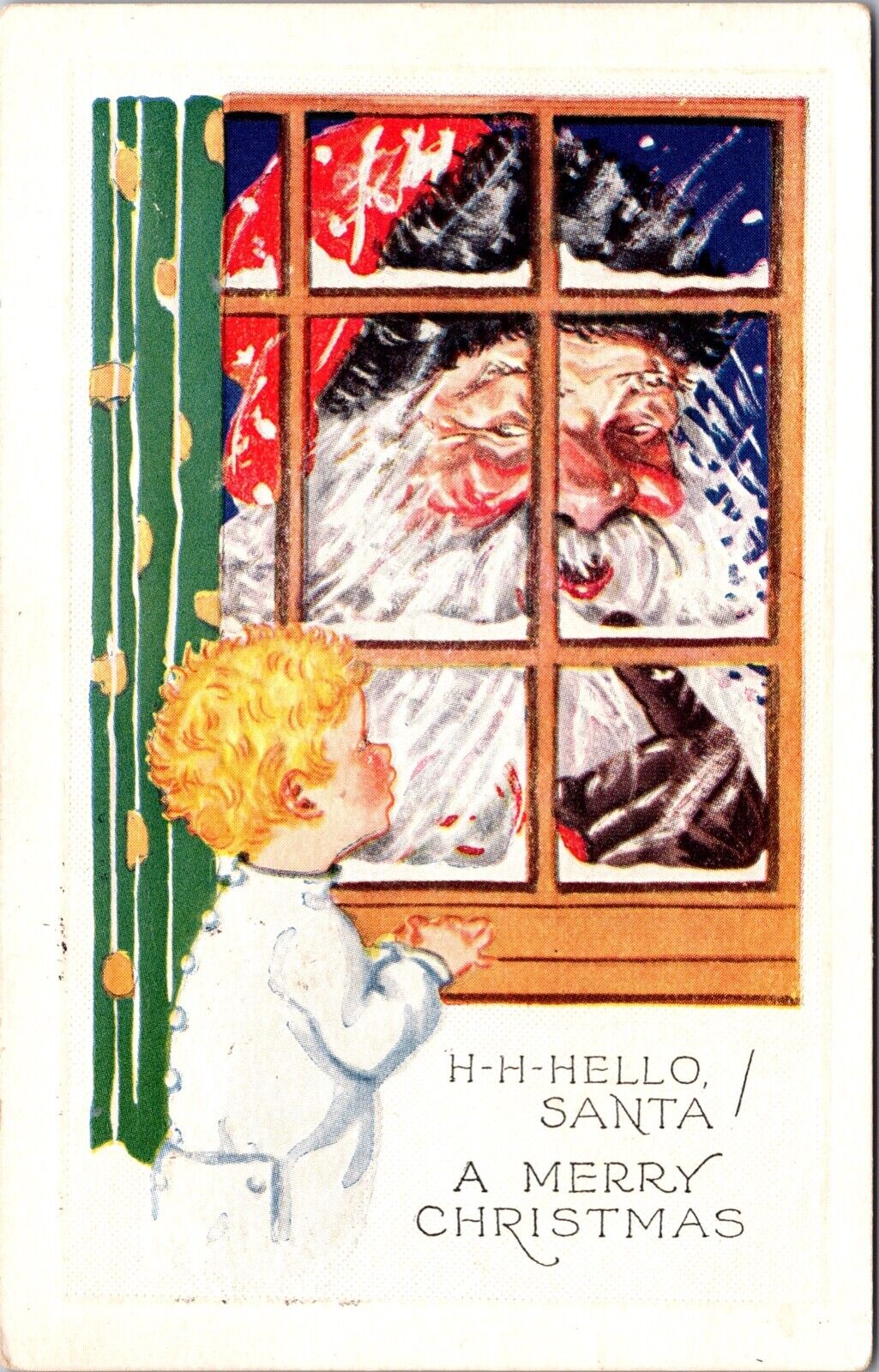 Christmas Postcard Santa Claus Tells Little Boy to be Quiet Through Window~4346