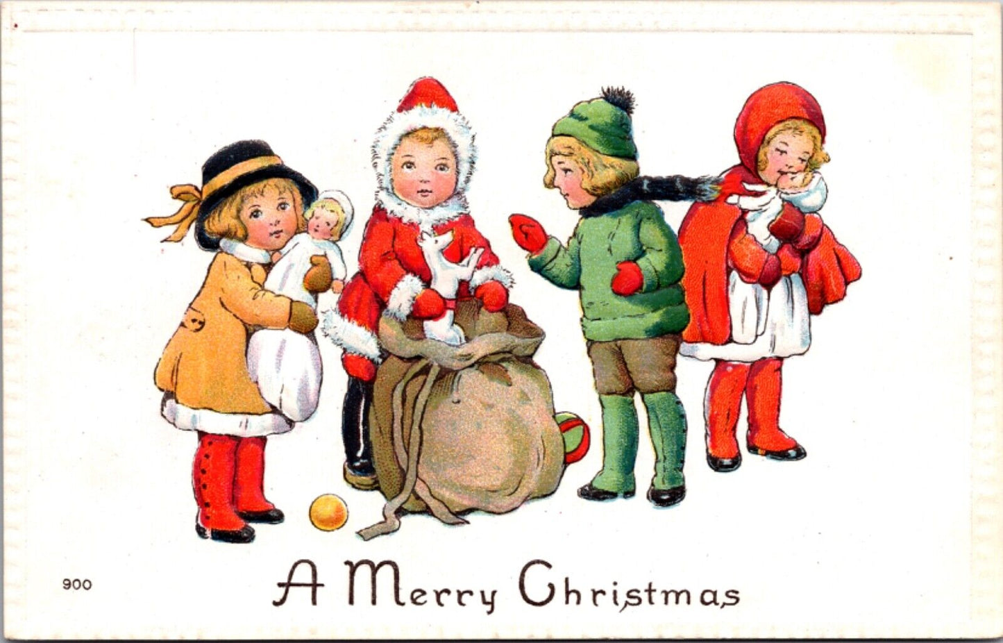 Christmas Postcard Four Children Santa Dressed Bag of Toys Dolls