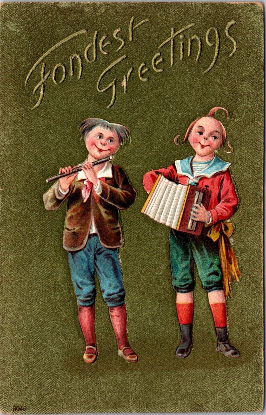 Two Postcards Fondest Greetings Funny Looking Kids Playing Music~2446