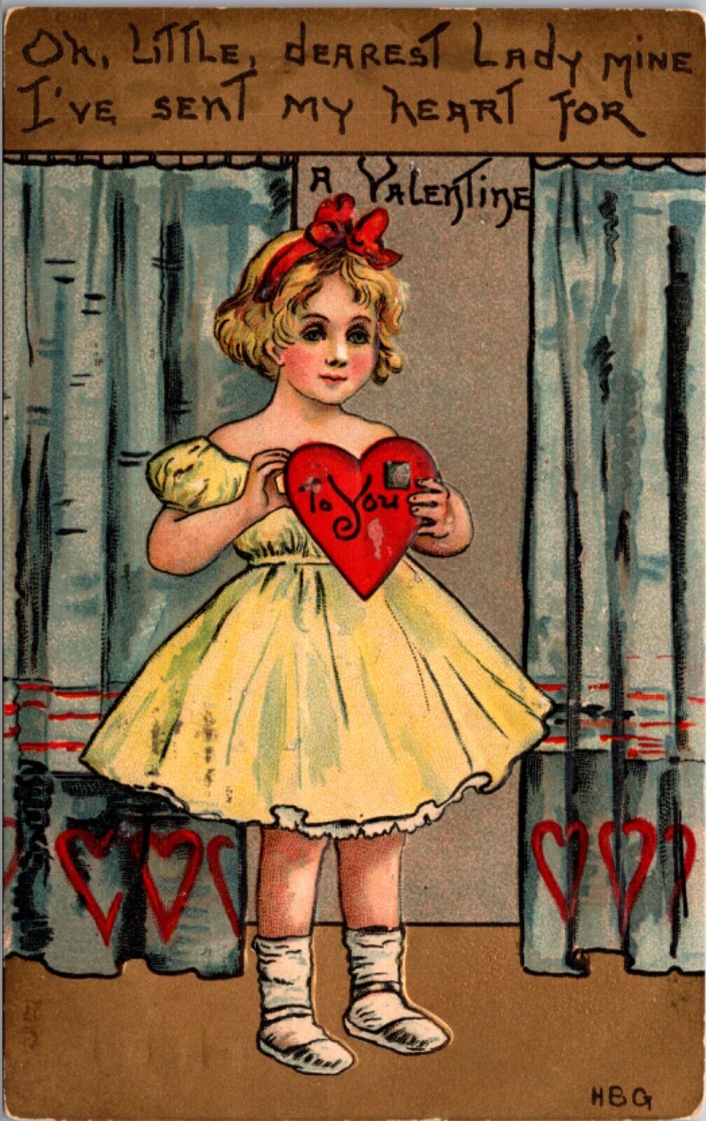 Valentine's Day Postcard Little Girl Lady Holding Heart Shaped Letter Envelope