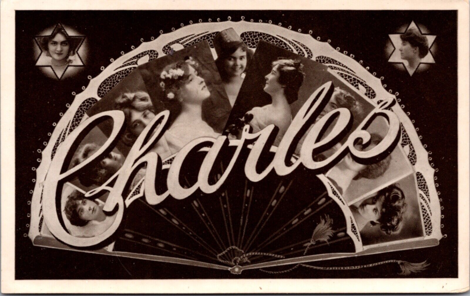 RPPC Large Letter Greetings of the Name Charles Women's Faces Folding Fan Star