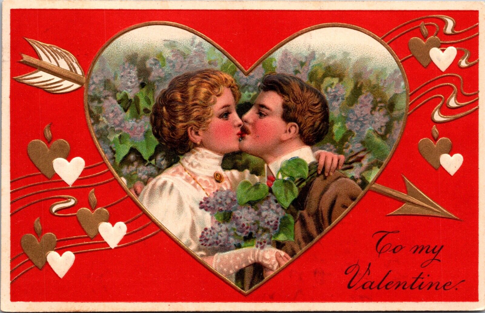 Valentine Postcard Couple Man and Woman Kissing Inside of a Heart