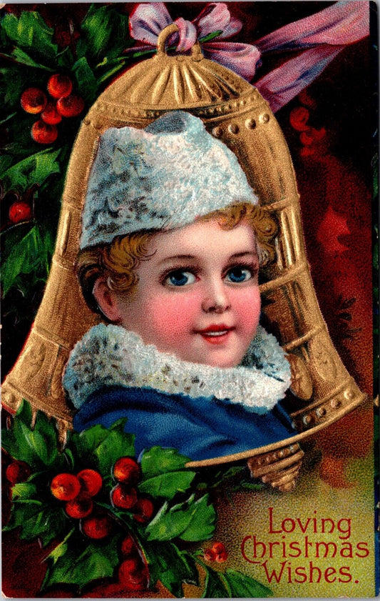 Christmas Postcard Little Boy Wearing Blue Inside Gold Bell Holly