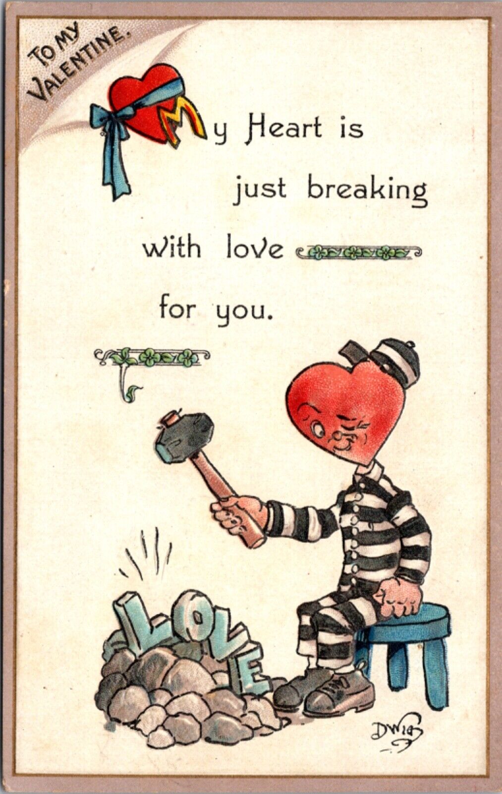 Dwig Art Valentine's Day PC Man with Heart for a Head Wearing Prison Clothing