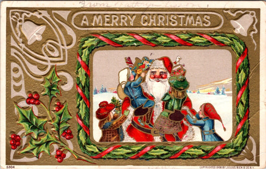 Christmas Postcard Santa Claus Carrying Arm Load of Toys and Children in Snow