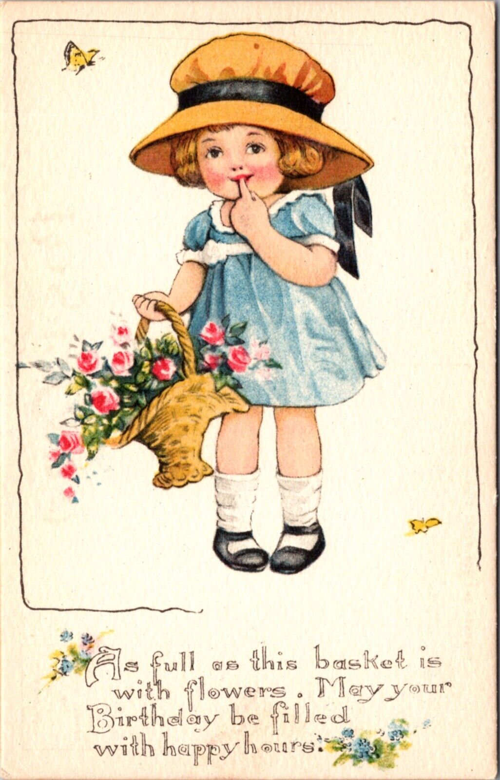 Artwork Postcard Birthday Wishes From Little Girl Holding Basket of Roses