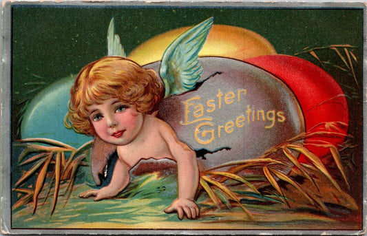 Easter Postcard Cherub Breaking Out of Colored Eggshells~3969