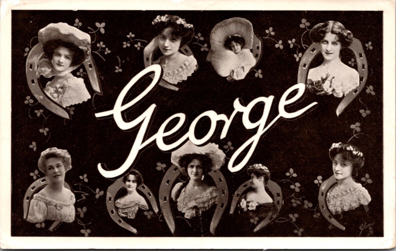 RPPC Large Letter Greetings of the Name George Women's Faces Horseshoe