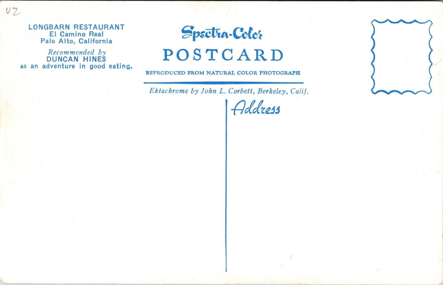 Two Postcards Longbarn Restaurant in Palo Alto, California~4041