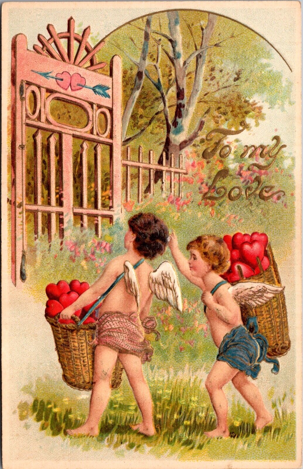 Valentine Postcard Two Cherub Cupids Carrying Baskets of Hearts at Gates