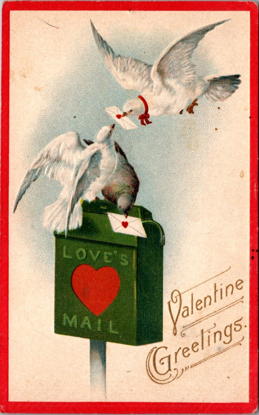 Valentine's Day Postcard Doves Mailing Love Letters in Mailbox