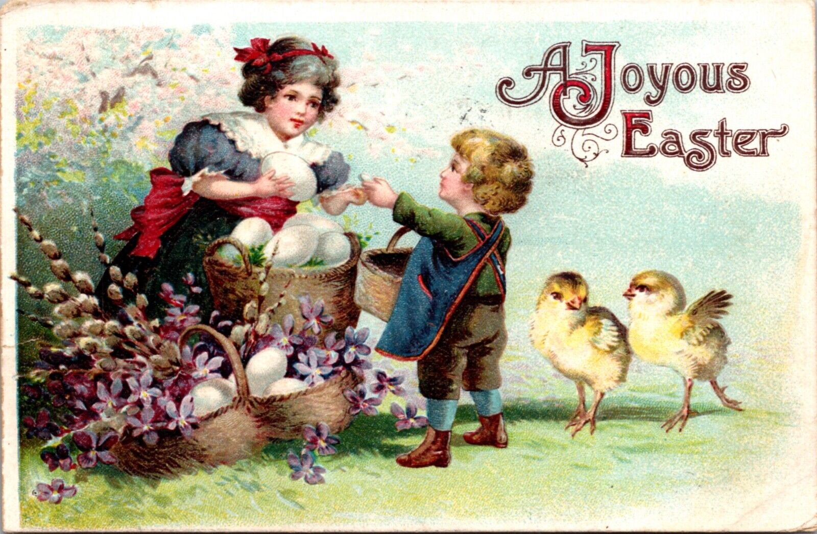 Easter Postcard Boy Paying Girl for Eggs, Chicks, Purple Flowers, Pussy Willow