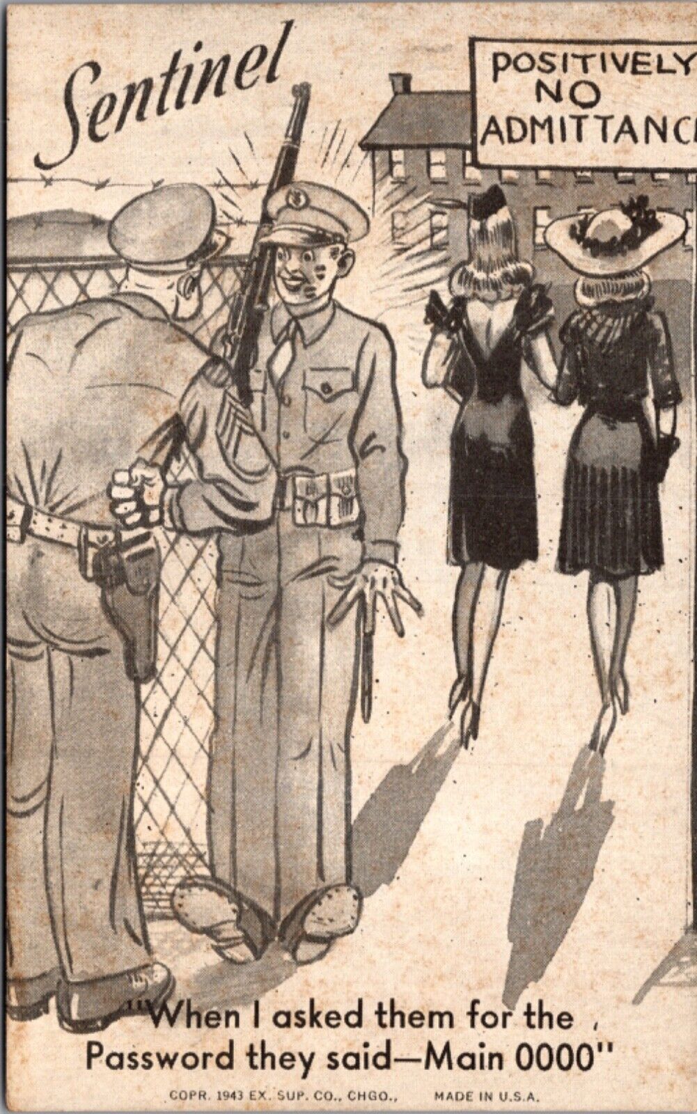 Comic Postcard Sentinel Women Walking Right Past Military Men on Guard